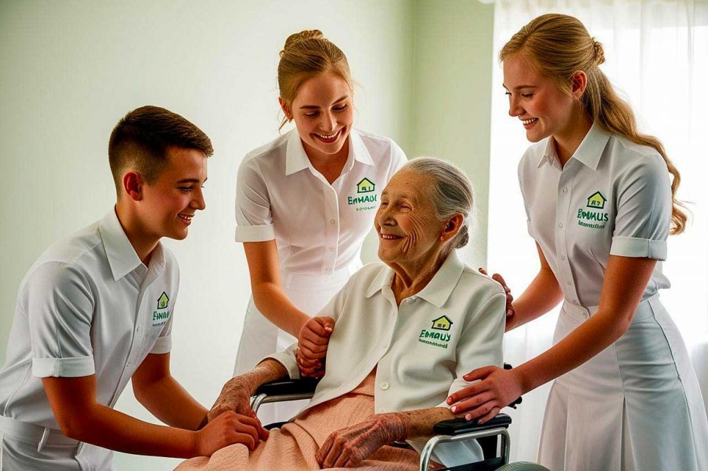 Drei Krankenpfleger schieben eine ältere Dame im Rollstuhl für Ausbildung Pflegefachmann Pflegefachfrau Oberhavel